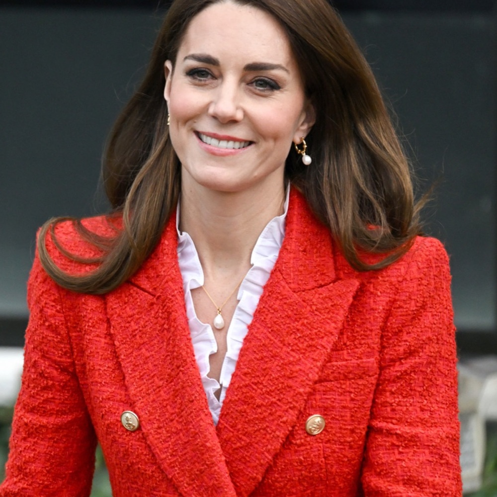 Red Zara boucle double breasted blazer. ASO Kate Middleton